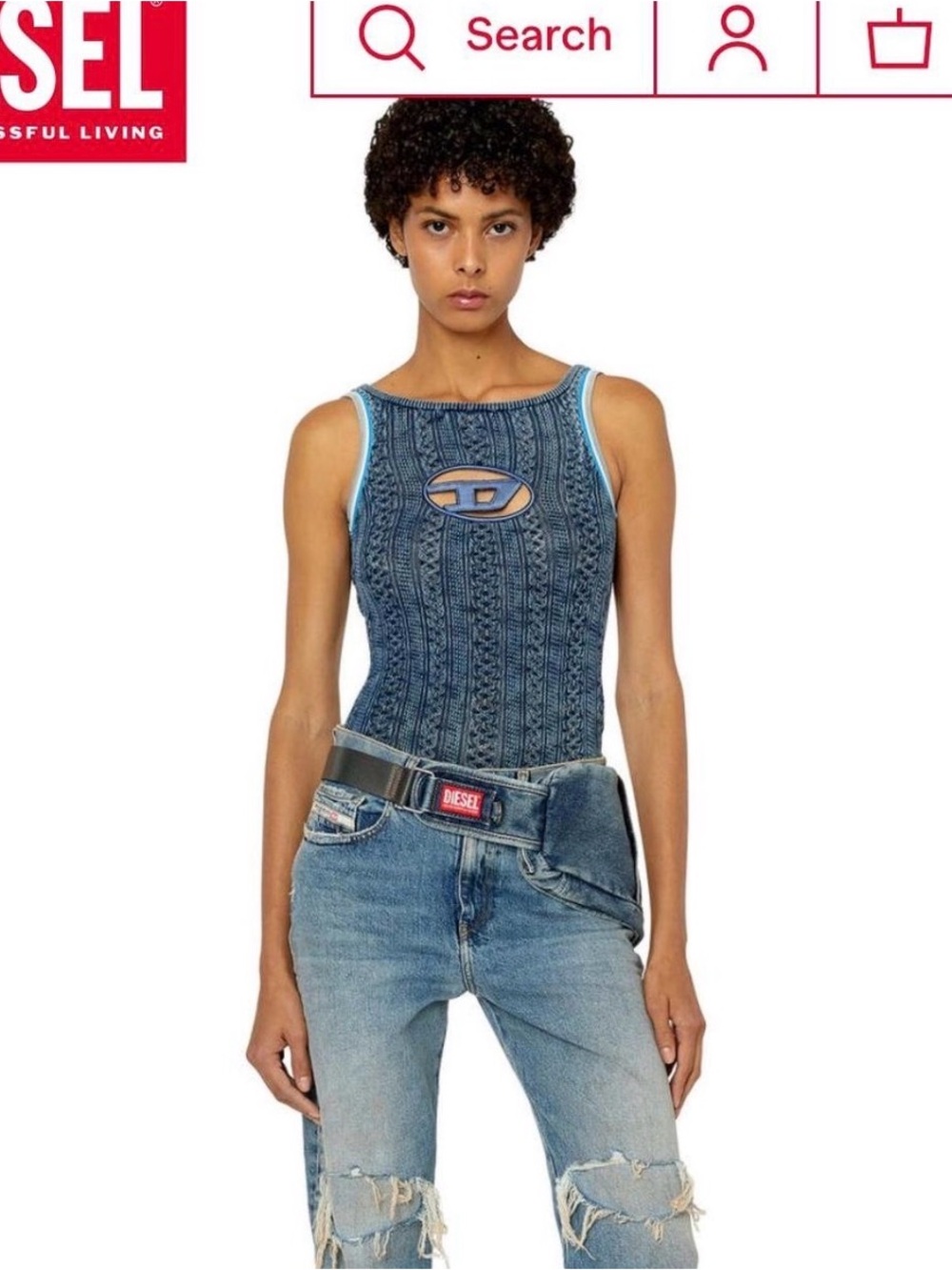NWT Diesel Cable Knit Bodysuit Oval D Logo Cutout Midnight Blue Italian Small